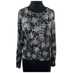 TEREZ Black Silver Long Sleeve Foil Star Print Cropped Pullover Sweater Size S